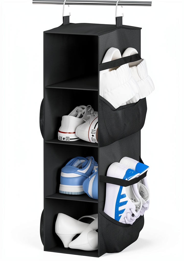Installing Hanging Shoe Organizer Sleeping Lamb Foldable Closet Storage on a wooden desk